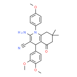ChemSpider 2D Image | 2-Amino-4-(3,4-dimethoxyphenyl)-1-(4-methoxyphenyl)-7,7-dimethyl-5-oxo-1,4,5,6,7,8-hexahydro-3-quinolinecarbonitrile | C27H29N3O4