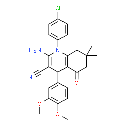 ChemSpider 2D Image | 2-Amino-1-(4-chlorophenyl)-4-(3,4-dimethoxyphenyl)-7,7-dimethyl-5-oxo-1,4,5,6,7,8-hexahydro-3-quinolinecarbonitrile | C26H26ClN3O3
