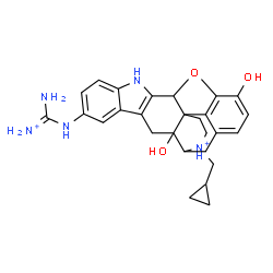 ChemSpider 2D Image | 7-{[Amino(iminio)methyl]amino}-22-(cyclopropylmethyl)-2,16-dihydroxy-14-oxa-11-aza-22-azoniaheptacyclo[13.9.1.0~1,13~.0~2,21~.0~4,12~.0~5,10~.0~19,25~]pentacosa-4(12),5,7,9,15(25),16,18-heptaene | C27H31N5O3