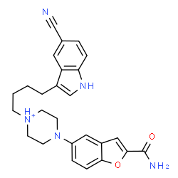 ChemSpider 2D Image | 4-(2-Carbamoyl-1-benzofuran-5-yl)-1-[4-(5-cyano-1H-indol-3-yl)butyl]piperazin-1-ium | C26H28N5O2