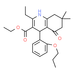 ChemSpider 2D Image | Ethyl 2-ethyl-7,7-dimethyl-5-oxo-4-(2-propoxyphenyl)-1,4,5,6,7,8-hexahydro-3-quinolinecarboxylate | C25H33NO4