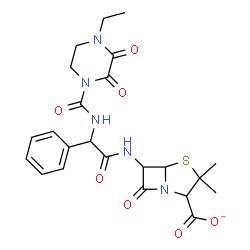 ChemSpider 2D Image | 6-{[{[(4-Ethyl-2,3-dioxo-1-piperazinyl)carbonyl]amino}(phenyl)acetyl]amino}-3,3-dimethyl-7-oxo-4-thia-1-azabicyclo[3.2.0]heptane-2-carboxylate | C23H26N5O7S