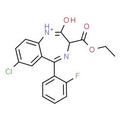 ChemSpider 2D Image | 7-Chloro-3-(ethoxycarbonyl)-5-(2-fluorophenyl)-2-oxo-2,3-dihydro-1H-1,4-benzodiazepin-1-ium | C18H15ClFN2O3