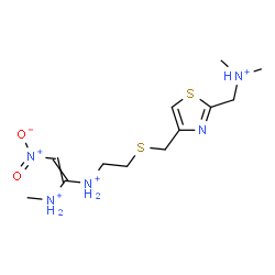 ChemSpider 2D Image | N-{2-[({2-[(Dimethylammonio)methyl]-1,3-thiazol-4-yl}methyl)sulfanyl]ethyl}-N'-methyl-2-nitro-1,1-ethenediaminiumato | C12H24N5O2S2