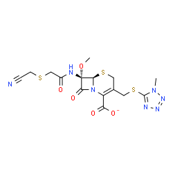 ChemSpider 2D Image | (6R,7S)-7-({[(Cyanomethyl)sulfanyl]acetyl}amino)-7-methoxy-3-{[(1-methyl-1H-tetrazol-5-yl)sulfanyl]methyl}-8-oxo-5-thia-1-azabicyclo[4.2.0]oct-2-ene-2-carboxylatato(2-) | C15H16N7O5S3