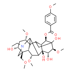 ChemSpider 2D Image | (1alpha,3alpha,6alpha,10xi,13xi,14beta,15alpha,16beta,17xi)-20-Ethyl-3,8,13,15-tetrahydroxy-1,6,16-trimethoxy-4-(methoxymethyl)aconitan-14-yl 4-methoxybenzoate | C33H47NO11