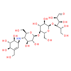 ChemSpider 2D Image | 4-Deoxy-4-{[(1S,4R,5S,6S)-4,5,6-trihydroxy-3-(hydroxymethyl)-2-cyclohexen-1-yl]amino}-beta-D-glucopyranosyl-(1->4)-alpha-D-glucopyranosyl-(1->4)-D-glucose | C25H43NO19