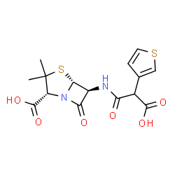 ChemSpider 2D Image | (2R,5R,6S)-6-{[Carboxy(3-thienyl)acetyl]amino}-3,3-dimethyl-7-oxo-4-thia-1-azabicyclo[3.2.0]heptane-2-carboxylic acid | C15H16N2O6S2