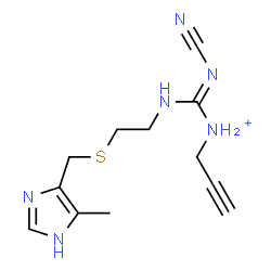 ChemSpider 2D Image | N-[N-Cyano-N'-(2-{[(4-methyl-1H-imidazol-5-yl)methyl]sulfanyl}ethyl)carbamimidoyl]-2-propyn-1-aminium | C12H17N6S