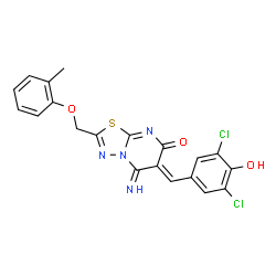 ChemSpider 2D Image | (6Z)-6-(3,5-Dichloro-4-hydroxybenzylidene)-5-imino-2-[(2-methylphenoxy)methyl]-5,6-dihydro-7H-[1,3,4]thiadiazolo[3,2-a]pyrimidin-7-one | C20H14Cl2N4O3S