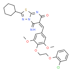 ChemSpider 2D Image | (6E)-6-{4-[2-(2-Chlorophenoxy)ethoxy]-3,5-dimethoxybenzylidene}-2-cyclohexyl-5-imino-5,6-dihydro-7H-[1,3,4]thiadiazolo[3,2-a]pyrimidin-7-one | C28H29ClN4O5S