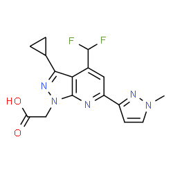 ChemSpider 2D Image | [3-cyclopropyl-4-(difluoromethyl)-6-(1-methylpyrazol-3-yl)pyrazolo[3,4-b]pyridin-1-yl]acetic acid | C16H15F2N5O2