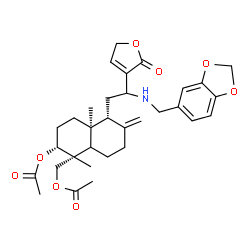 ChemSpider 2D Image | [(1R,2R,4aS,5R)-2-Acetoxy-5-{2-[(1,3-benzodioxol-5-ylmethyl)amino]-2-(2-oxo-2,5-dihydro-3-furanyl)ethyl}-1,4a-dimethyl-6-methylenedecahydro-1-naphthalenyl]methyl acetate | C32H41NO8
