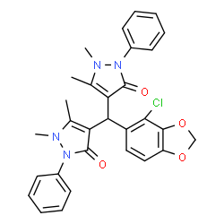 ChemSpider 2D Image | 4,4'-[(4-Chloro-1,3-benzodioxol-5-yl)methylene]bis(1,5-dimethyl-2-phenyl-1,2-dihydro-3H-pyrazol-3-one) | C30H27ClN4O4