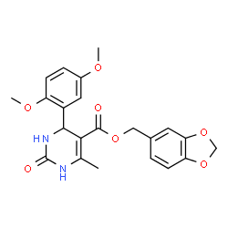 ChemSpider 2D Image | 1,3-Benzodioxol-5-ylmethyl 4-(2,5-dimethoxyphenyl)-6-methyl-2-oxo-1,2,3,4-tetrahydro-5-pyrimidinecarboxylate | C22H22N2O7
