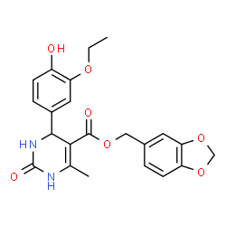 ChemSpider 2D Image | 1,3-Benzodioxol-5-ylmethyl 4-(3-ethoxy-4-hydroxyphenyl)-6-methyl-2-oxo-1,2,3,4-tetrahydro-5-pyrimidinecarboxylate | C22H22N2O7