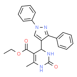 ChemSpider 2D Image | Ethyl 4-(1,3-diphenyl-1H-pyrazol-4-yl)-6-methyl-2-oxo-1,2,3,4-tetrahydro-5-pyrimidinecarboxylate | C23H22N4O3
