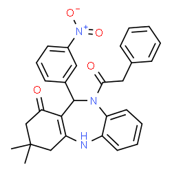 ChemSpider 2D Image | 3,3-Dimethyl-11-(3-nitrophenyl)-10-(phenylacetyl)-2,3,4,5,10,11-hexahydro-1H-dibenzo[b,e][1,4]diazepin-1-one | C29H27N3O4
