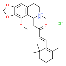 ChemSpider 2D Image | 4-Methoxy-6-methyl-5-[(3E)-2-oxo-4-(2,6,6-trimethyl-1-cyclohexen-1-yl)-3-buten-1-yl]-5,6,7,8-tetrahydro[1,3]dioxolo[4,5-g]isoquinolin-6-ium chloride | C25H34ClNO4