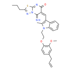 ChemSpider 2D Image | (6E)-6-({1-[2-(4-Allyl-2-methoxyphenoxy)ethyl]-2-methyl-1H-indol-3-yl}methylene)-5-imino-2-propyl-5,6-dihydro-7H-[1,3,4]thiadiazolo[3,2-a]pyrimidin-7-one | C30H31N5O3S