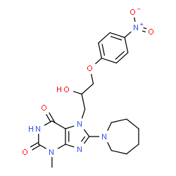 ChemSpider 2D Image | 8-(1-Azepanyl)-7-[2-hydroxy-3-(4-nitrophenoxy)propyl]-3-methyl-3,7-dihydro-1H-purine-2,6-dione | C21H26N6O6
