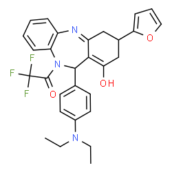 ChemSpider 2D Image | 1-{11-[4-(Diethylamino)phenyl]-3-(2-furyl)-1-hydroxy-2,3,4,11-tetrahydro-10H-dibenzo[b,e][1,4]diazepin-10-yl}-2,2,2-trifluoroethanone | C29H28F3N3O3