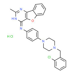 ChemSpider 2D Image | (4E)-N-{4-[4-(2-Chlorobenzyl)-1-piperazinyl]phenyl}-2-methyl[1]benzofuro[3,2-d]pyrimidin-4(3H)-imine hydrochloride (1:1) | C28H27Cl2N5O