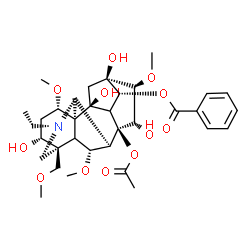 ChemSpider 2D Image | (1alpha,3alpha,5xi,6alpha,9xi,14alpha,16beta)-8-Acetoxy-20-ethyl-3,10,13,15-tetrahydroxy-1,6,16-trimethoxy-4-(methoxymethyl)aconitan-14-yl benzoate | C34H47NO12