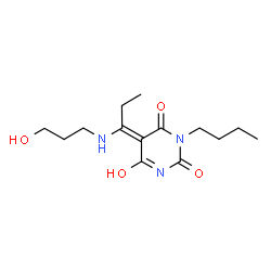 ChemSpider 2D Image | (5E)-1-Butyl-5-{1-[(3-hydroxypropyl)amino]propylidene}-2,4,6(1H,3H,5H)-pyrimidinetrione | C14H23N3O4