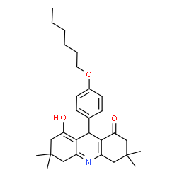 ChemSpider 2D Image | 9-[4-(Hexyloxy)phenyl]-8-hydroxy-3,3,6,6-tetramethyl-3,4,5,6,7,9-hexahydro-1(2H)-acridinone | C29H39NO3