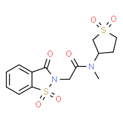ChemSpider 2D Image | 2-(1,1-Dioxido-3-oxo-1,2-benzothiazol-2(3H)-yl)-N-(1,1-dioxidotetrahydro-3-thiophenyl)-N-methylacetamide | C14H16N2O6S2