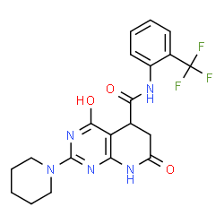 ChemSpider 2D Image | 4,7-Dioxo-2-(1-piperidinyl)-N-[2-(trifluoromethyl)phenyl]-1,4,5,6,7,8-hexahydropyrido[2,3-d]pyrimidine-5-carboxamide | C20H20F3N5O3