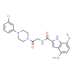 ChemSpider 2D Image | N-{2-[4-(3-Chlorophenyl)-1-piperazinyl]-2-oxoethyl}-4,7-dimethoxy-1H-indole-2-carboxamide | C23H25ClN4O4