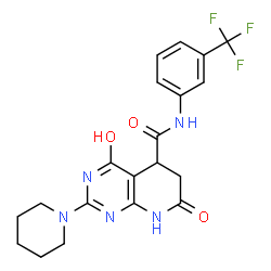 ChemSpider 2D Image | 4,7-Dioxo-2-(1-piperidinyl)-N-[3-(trifluoromethyl)phenyl]-1,4,5,6,7,8-hexahydropyrido[2,3-d]pyrimidine-5-carboxamide | C20H20F3N5O3