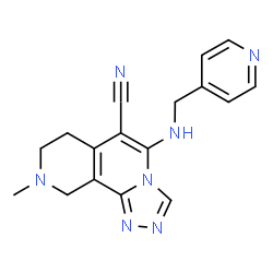 ChemSpider 2D Image | 9-Methyl-5-[(4-pyridinylmethyl)amino]-7,8,9,10-tetrahydro[1,2,4]triazolo[3,4-a][2,7]naphthyridine-6-carbonitrile | C17H17N7