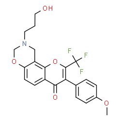 ChemSpider 2D Image | 9-(3-Hydroxypropyl)-3-(4-methoxyphenyl)-2-(trifluoromethyl)-9,10-dihydro-4H,8H-chromeno[8,7-e][1,3]oxazin-4-one | C22H20F3NO5