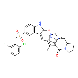 ChemSpider 2D Image | 5-((2,6-dichlorobenzyl)sulfonyl)-3-((3,5-dimethyl-4-((2-(pyrrolidin-1-ylmethyl)pyrrolidin-1-yl)carbonyl)-1H-pyrrol-2-yl)methylene)-1,3-dihydro-2H-indol-2-one | C32H34Cl2N4O4S