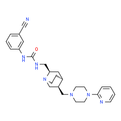 ChemSpider 2D Image | 1-(3-Cyanophenyl)-3-{[(2R,4S,5S)-5-{[4-(2-pyridinyl)-1-piperazinyl]methyl}-1-azabicyclo[2.2.2]oct-2-yl]methyl}urea | C26H33N7O