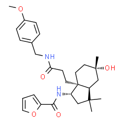 ChemSpider 2D Image | N-[(1S,3aS,5S,7aR)-5-Hydroxy-7a-{3-[(4-methoxybenzyl)amino]-3-oxopropyl}-3,3,5-trimethyloctahydro-1H-inden-1-yl]-2-furamide | C28H38N2O5