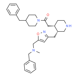 ChemSpider 2D Image | 2-{(3R,4S)-3-[(5-{[Benzyl(methyl)amino]methyl}-1,2-oxazol-3-yl)methyl]-4-piperidinyl}-1-(4-benzyl-1-piperidinyl)ethanone | C32H42N4O2