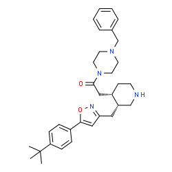 ChemSpider 2D Image | 1-(4-Benzyl-1-piperazinyl)-2-[(3R,4S)-3-({5-[4-(2-methyl-2-propanyl)phenyl]-1,2-oxazol-3-yl}methyl)-4-piperidinyl]ethanone | C32H42N4O2