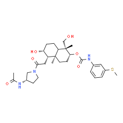 ChemSpider 2D Image | (1R,2R,4aR,5S,6R)-5-{2-[(3S)-3-Acetamido-1-pyrrolidinyl]-2-oxoethyl}-6-hydroxy-1-(hydroxymethyl)-1,4a-dimethyldecahydro-2-naphthalenyl [3-(methylsulfanyl)phenyl]carbamate | C29H43N3O6S