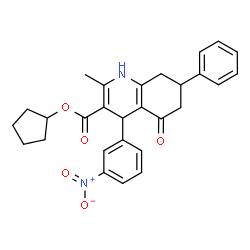 ChemSpider 2D Image | Cyclopentyl 2-methyl-4-(3-nitrophenyl)-5-oxo-7-phenyl-1,4,5,6,7,8-hexahydro-3-quinolinecarboxylate | C28H28N2O5