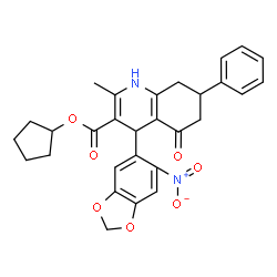 ChemSpider 2D Image | Cyclopentyl 2-methyl-4-(6-nitro-1,3-benzodioxol-5-yl)-5-oxo-7-phenyl-1,4,5,6,7,8-hexahydro-3-quinolinecarboxylate | C29H28N2O7