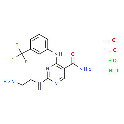 ChemSpider 2D Image | 2-[(2-Aminoethyl)amino]-4-{[3-(trifluoromethyl)phenyl]amino}-5-pyrimidinecarboxamide dihydrochloride dihydrate | C14H21Cl2F3N6O3