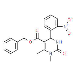ChemSpider 2D Image | Benzyl 1,6-dimethyl-4-(2-nitrophenyl)-2-oxo-1,2,3,4-tetrahydro-5-pyrimidinecarboxylate | C20H19N3O5