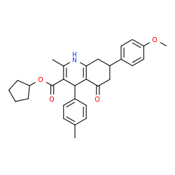 ChemSpider 2D Image | Cyclopentyl 7-(4-methoxyphenyl)-2-methyl-4-(4-methylphenyl)-5-oxo-1,4,5,6,7,8-hexahydro-3-quinolinecarboxylate | C30H33NO4