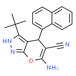 ChemSpider 2D Image | 6-Amino-3-tert-butyl-4-(1-naphthyl)-1,4-dihydropyrano[2,3-c]pyrazole-5-carbonitrile | C21H20N4O