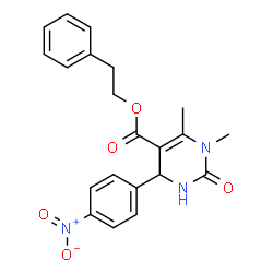 ChemSpider 2D Image | 2-Phenylethyl 1,6-dimethyl-4-(4-nitrophenyl)-2-oxo-1,2,3,4-tetrahydro-5-pyrimidinecarboxylate | C21H21N3O5