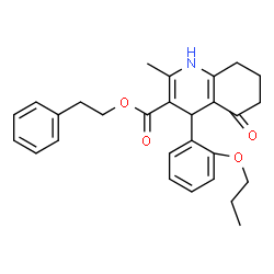 ChemSpider 2D Image | 2-Phenylethyl 2-methyl-5-oxo-4-(2-propoxyphenyl)-1,4,5,6,7,8-hexahydro-3-quinolinecarboxylate | C28H31NO4